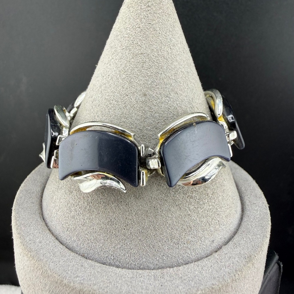 Vintage Thermoset Bracelet Silver Tone Navy Blue Geometric Link Panel 7
